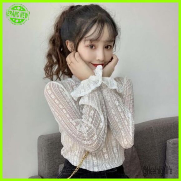 Sheer Lace Blouse Long Sleeve Mock Neck Floral Top Layering - Picture 6 of 7